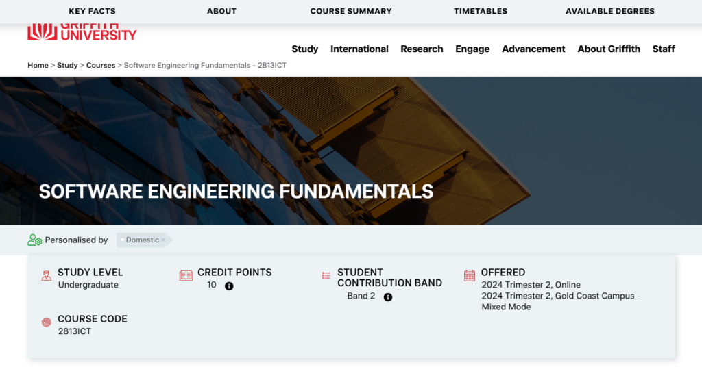 Screenshot of the Software Engineering Fundamentals course landing page