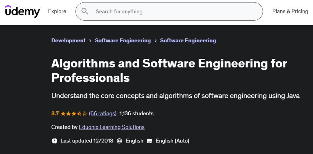Screenshot of the Algorithms and Software Engineering for Professionals course page