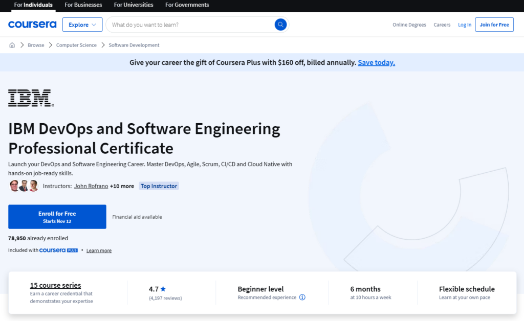 The IBM DevOps and Software Engineering Professional Certificate course page screenshot