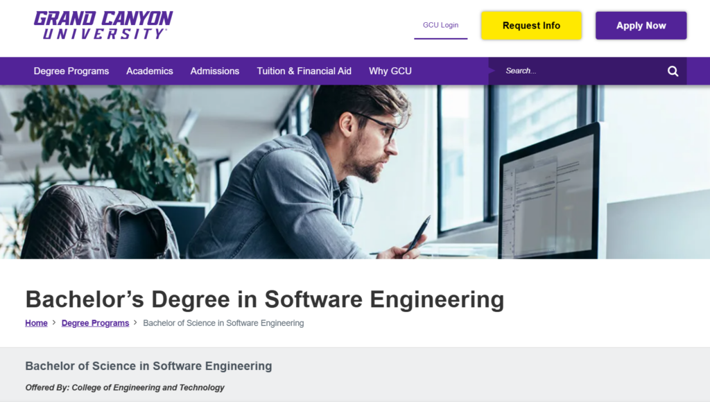 Screenshot of the Bachelor’s Degree in Software Engineering course website page