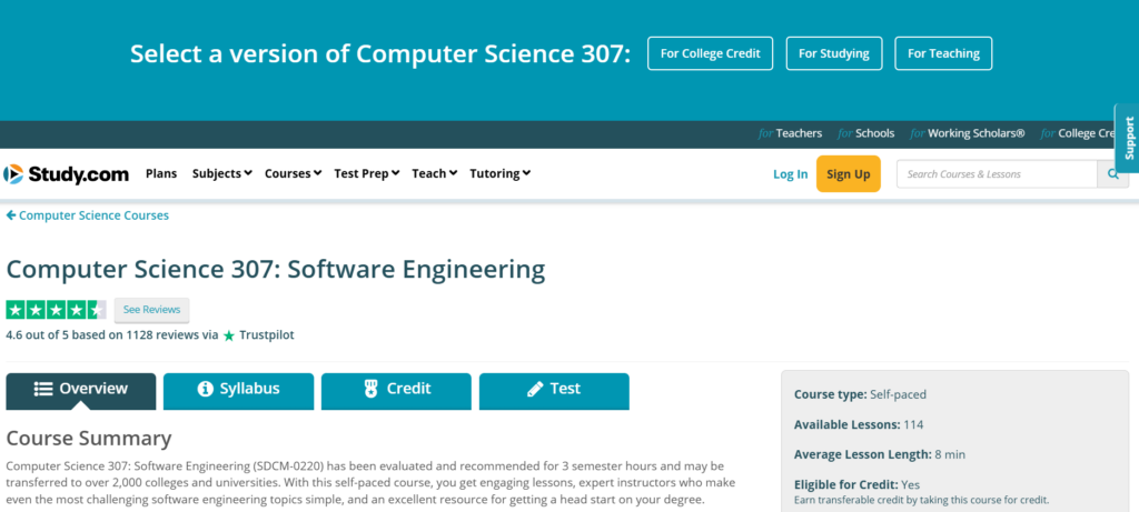 Screenshot of the Computer Science 307: Software Engineering course overview page