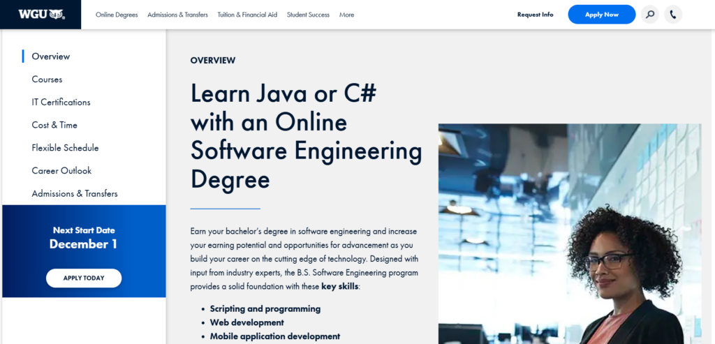 Screenshot of the Online Software Engineering Degree course overview page