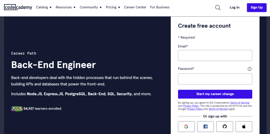 Screenshot of the Backend Engineer course landing page