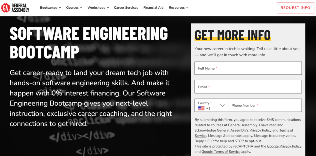 Screenshot of the Software Engineering Bootcamp course website page