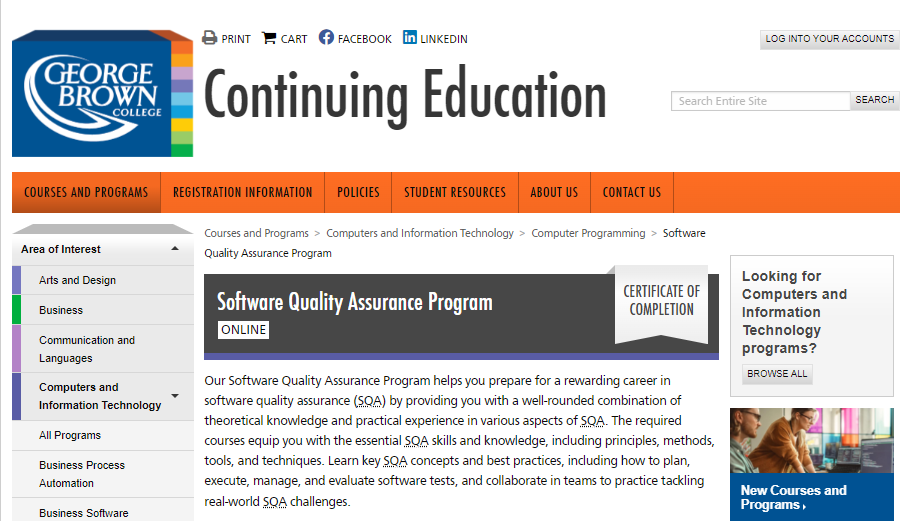 Software Quality Assurance Program landing page
