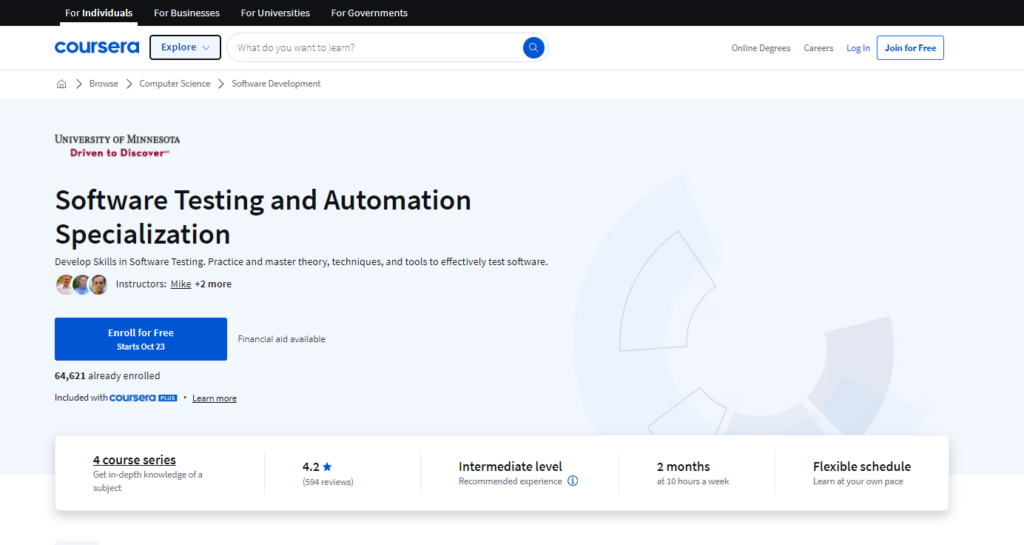Software Testing and Automation Specialization course landing page
