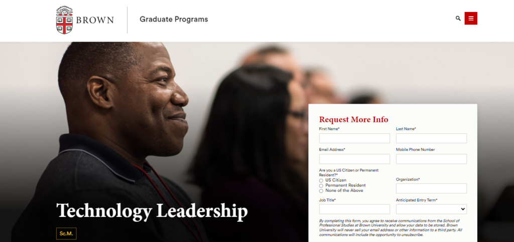 A screenshot of the landing page for the Technology Leadership course
