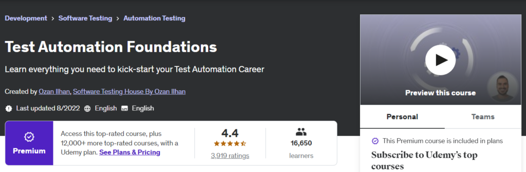 Test Automation Foundations course landing page